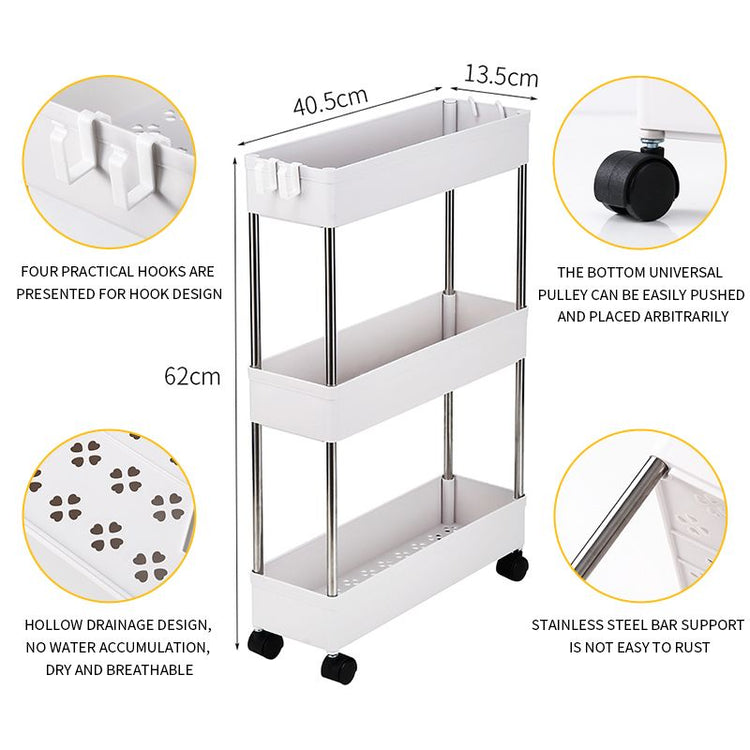 Slim rolling storage cart used in laundry room