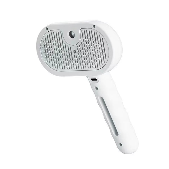 Pet grooming brush with ergonomic handle, side view