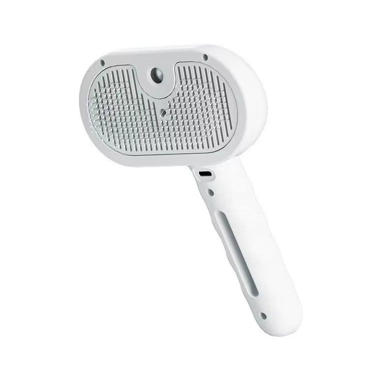 Pet grooming brush with ergonomic handle, side view
