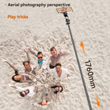Selfie stick tripod with ring fill light, front view