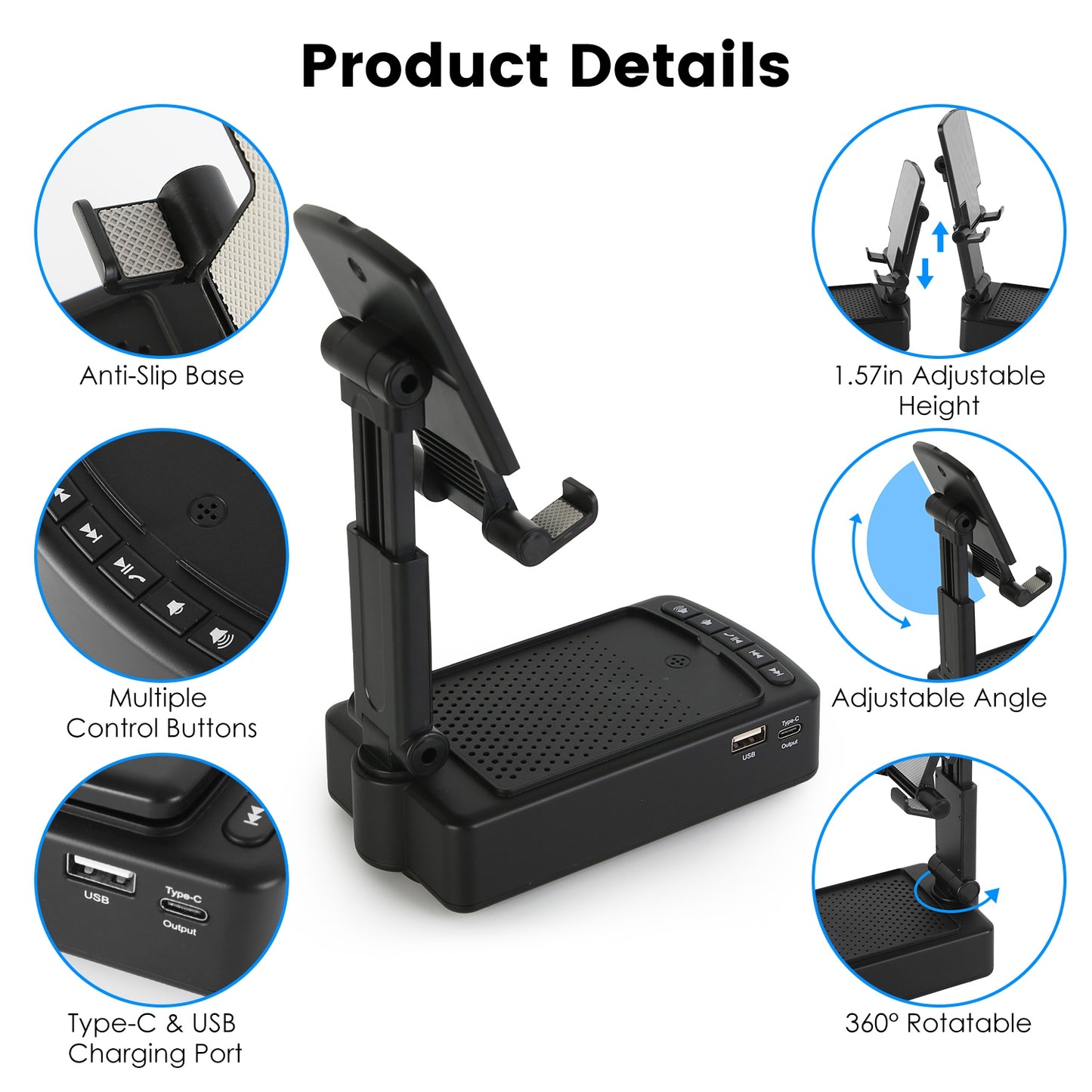 Foldable Phone Stand with Wireless Speaker & Power Bank