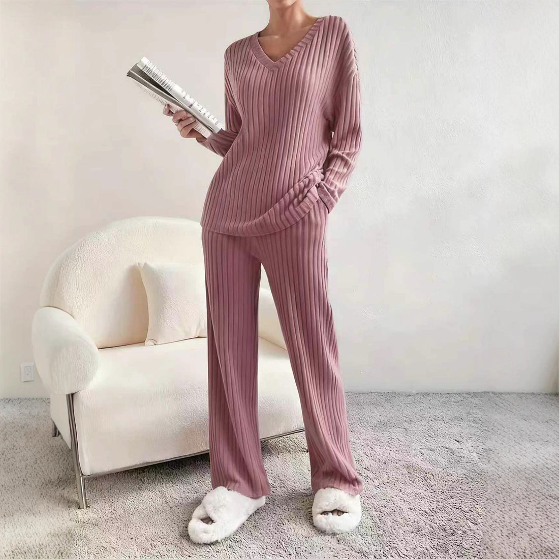 Home Casual Straight Pants Elegant Loose V-neck Pit Two-piece Set