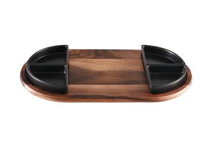 Kalmar Home Acacia Charcuterie Serving Tray with Ceramic Bowls