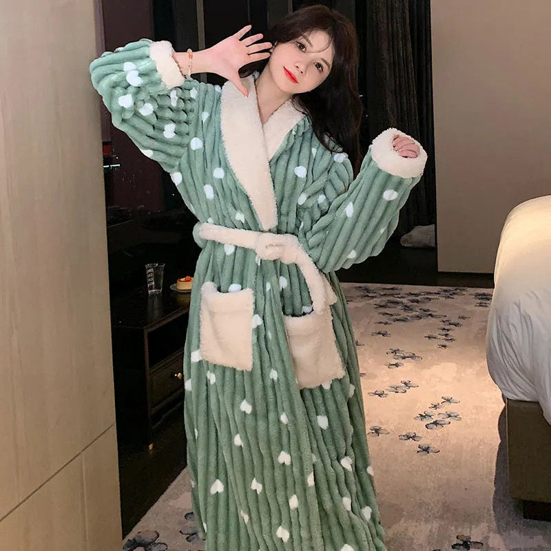 Women's Thickened Coral Fleece Long Robe with Cartoon Pattern Autumn Winter Cozy Nightgown