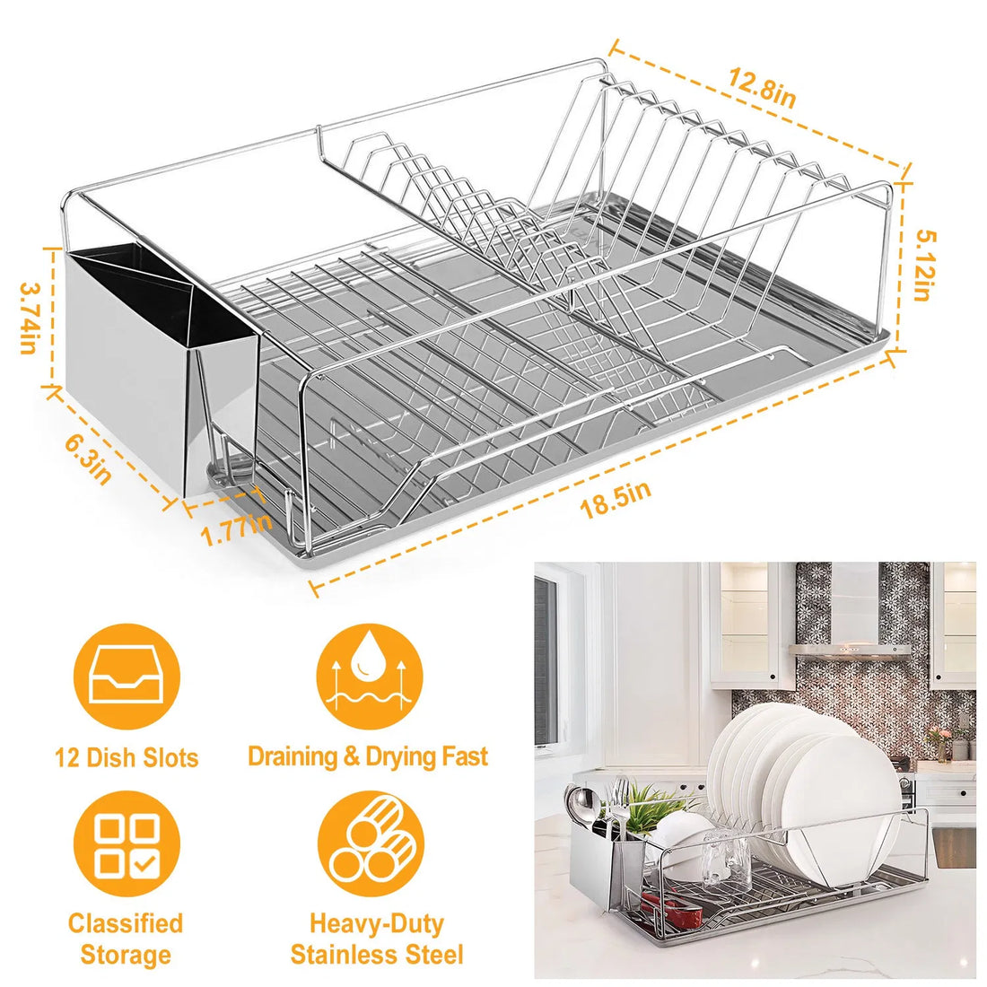 Stainless Steel Dish Drying Rack with Drainboard