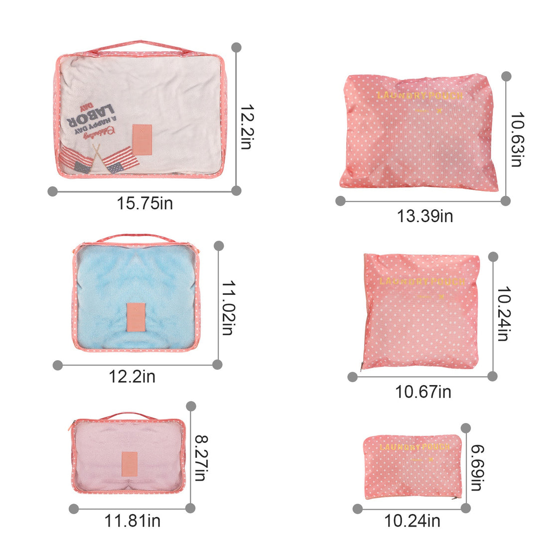 Size chart for the packing cubes and pouches