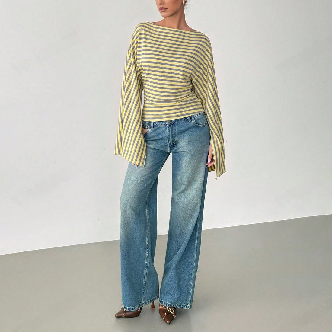Women's striped rib knit long sleeve tee with wide neckline, photo 3