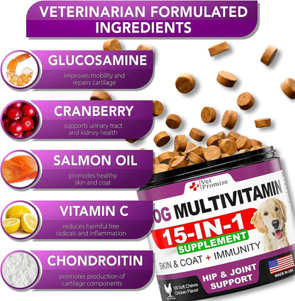 2 Pack Dog Multivitamin Chewable with Glucosamine 15-IN-1 Dog Vitamins and Supplements Senior & Puppy Multivitamin for Dogs Pet Joint Support Health I