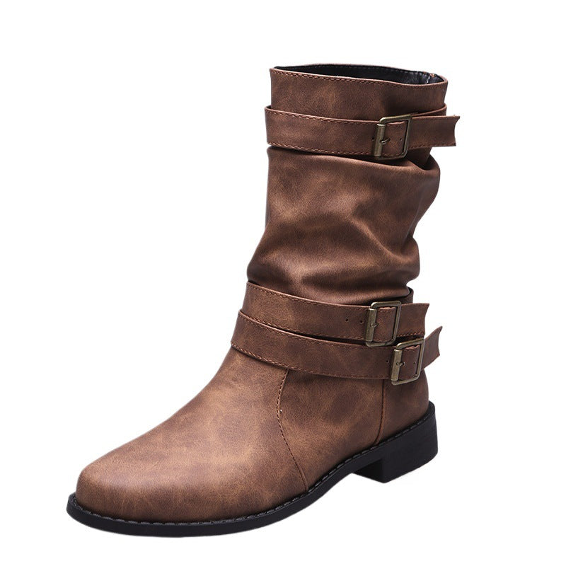 Womens Round Toe Flat Heel Sheepskin Mid Calf Boots
