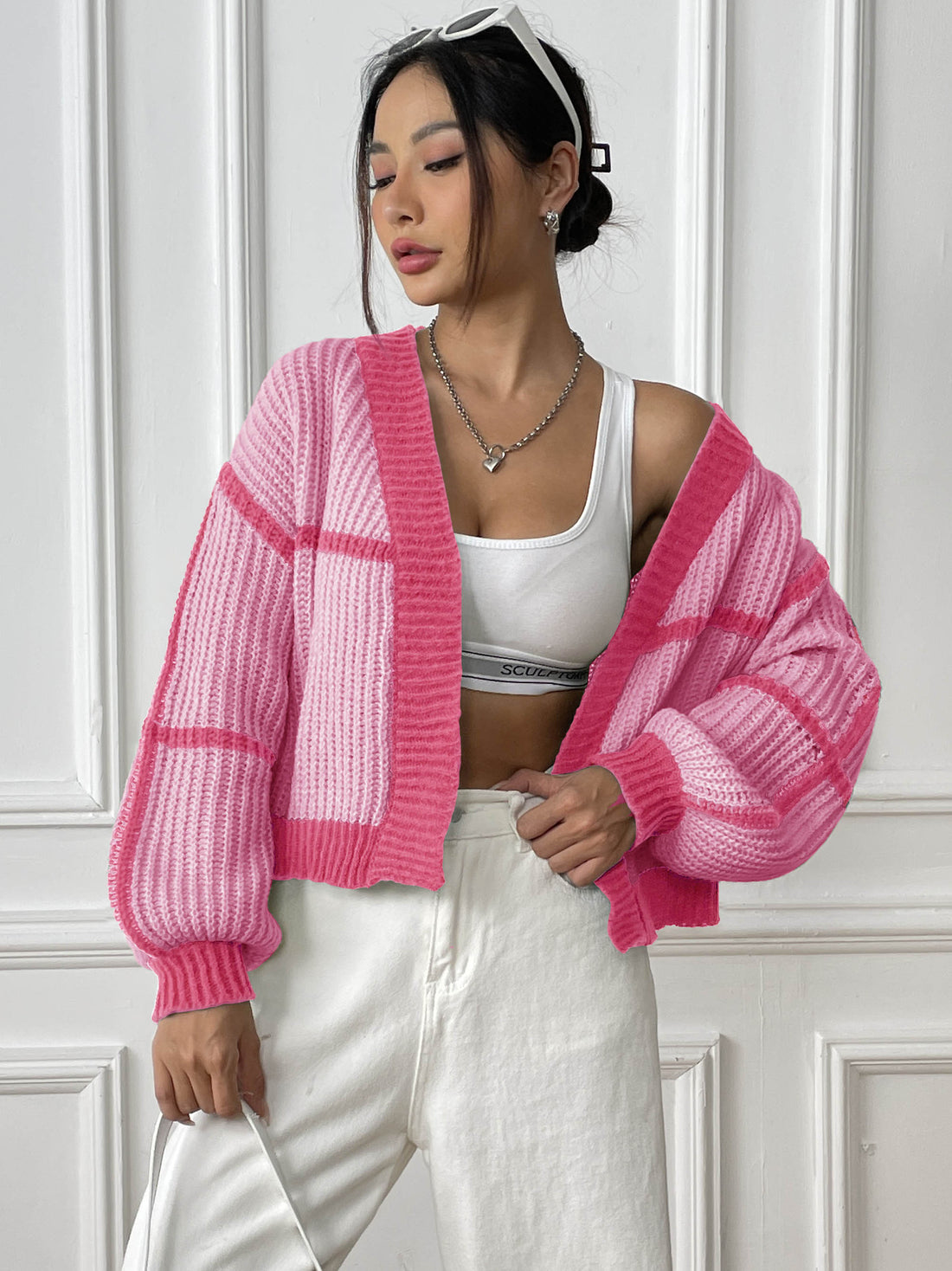 Women's color-block knit cardigan with lantern sleeves, photo 4