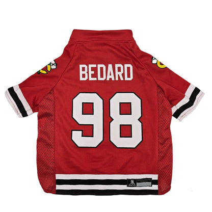 Connor Bedard NHLPA pet jersey, size SM, close-up of number