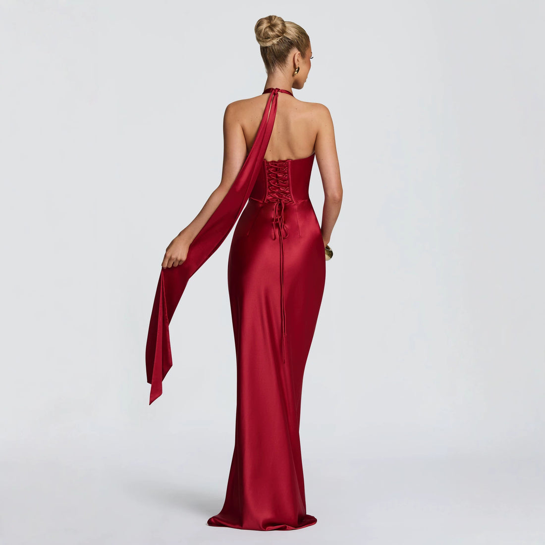 Women's halter satin fishtail long dress with deep V-neck and tie back, photo 4