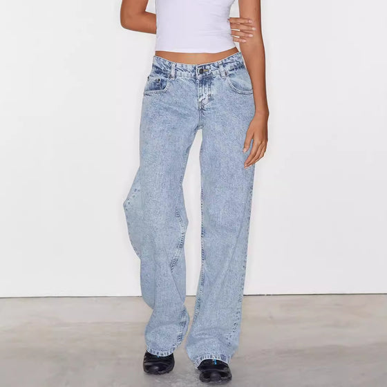 Collage of straight-leg jeans in blue, gray and white washes