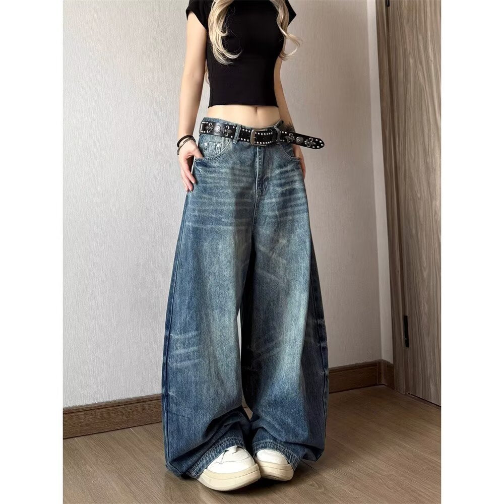 Vintage Distressed High-Waist Wide-Leg Floor-Length Denim Pants for Women