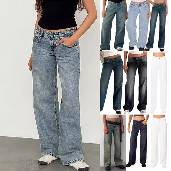 Woman in light blue straight-leg jeans with a black top