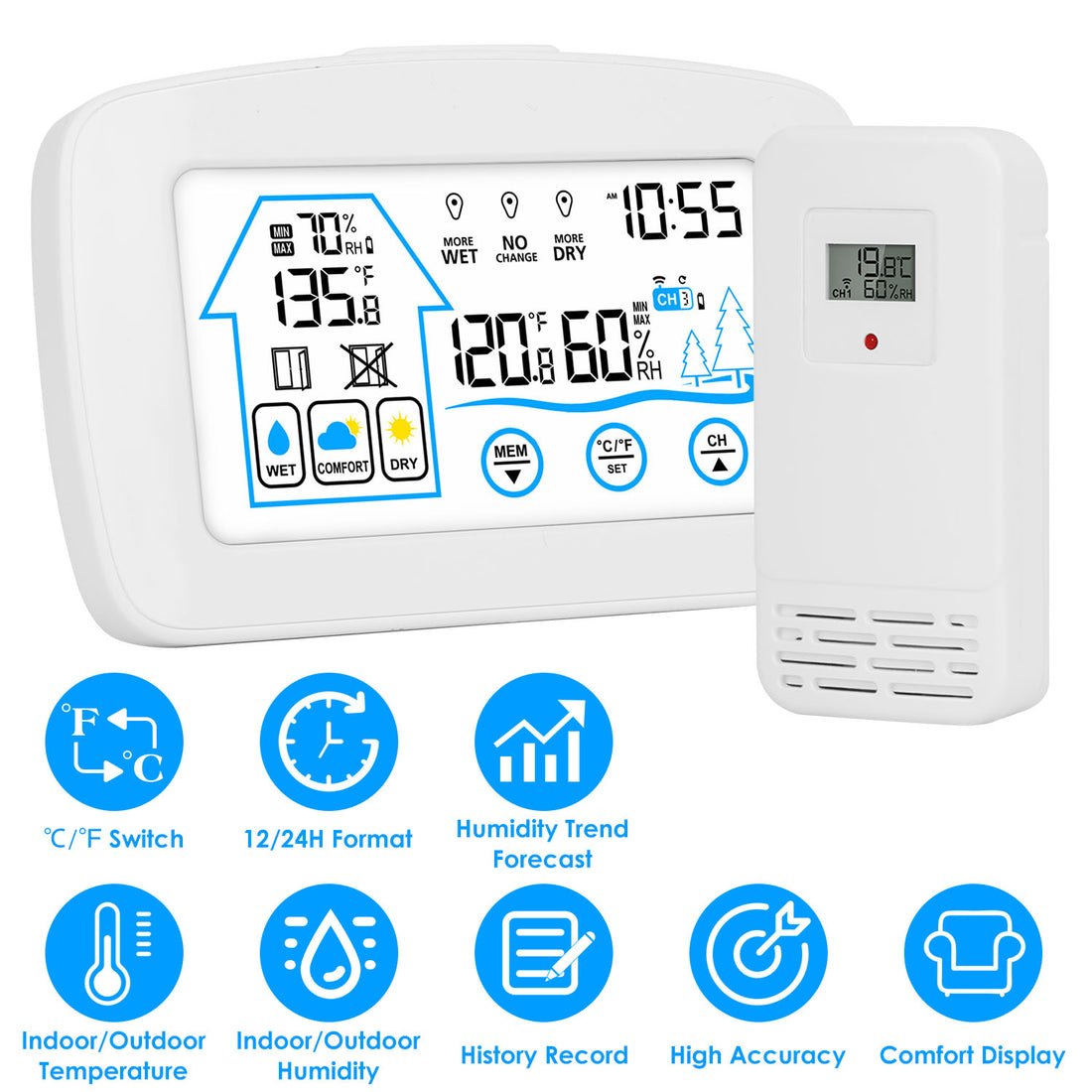 Wireless weather station display and outdoor sensor with feature icons