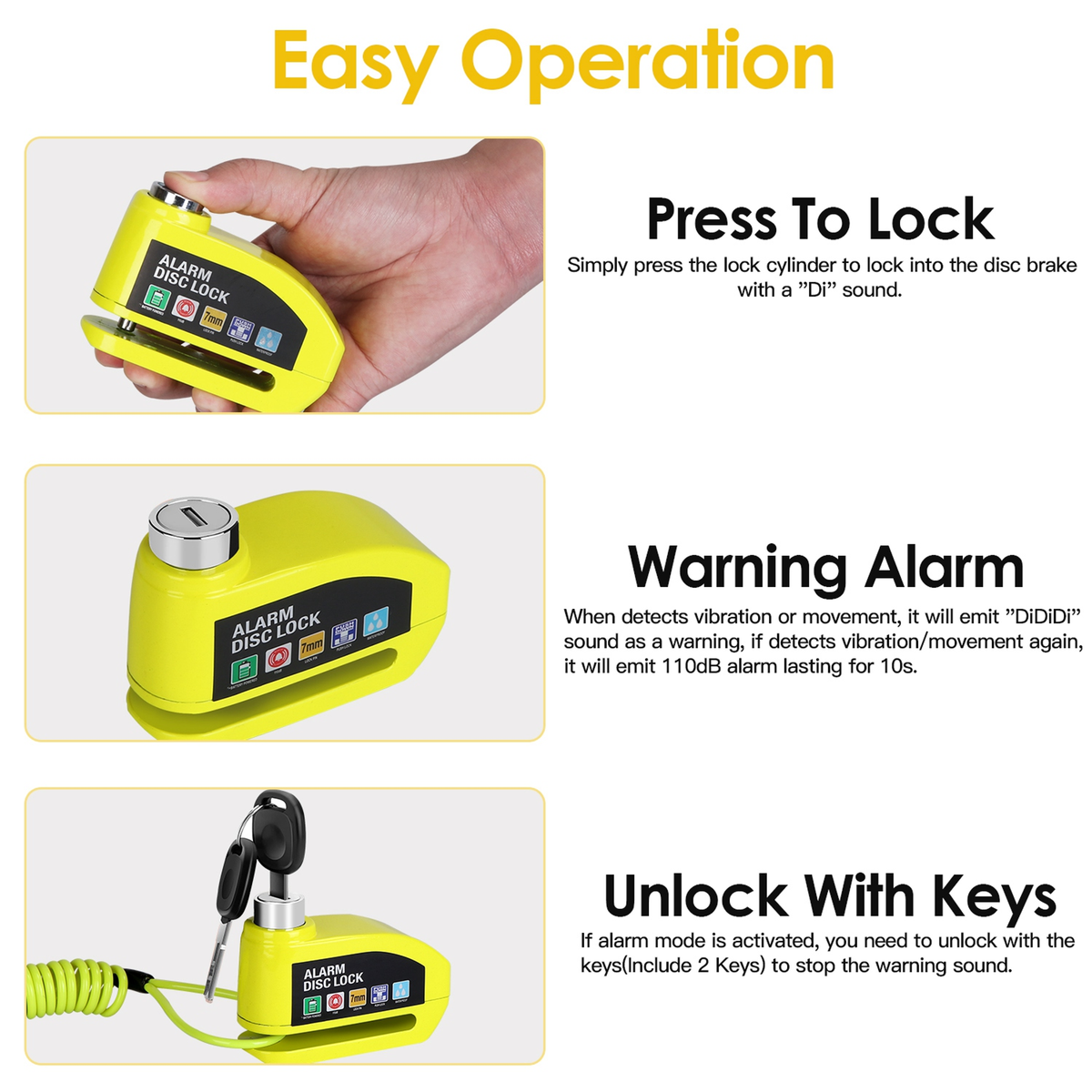 Motorcycle Disc Brake Lock with 110dB Alarm