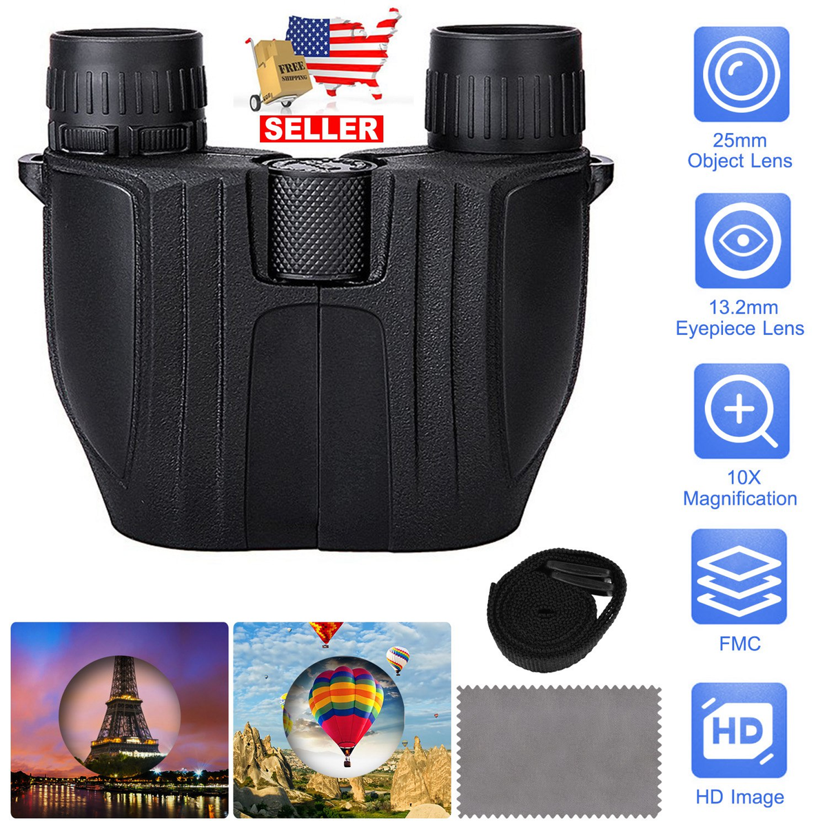 10x25 Zoom Binoculars with Neck Strap, Lightweight