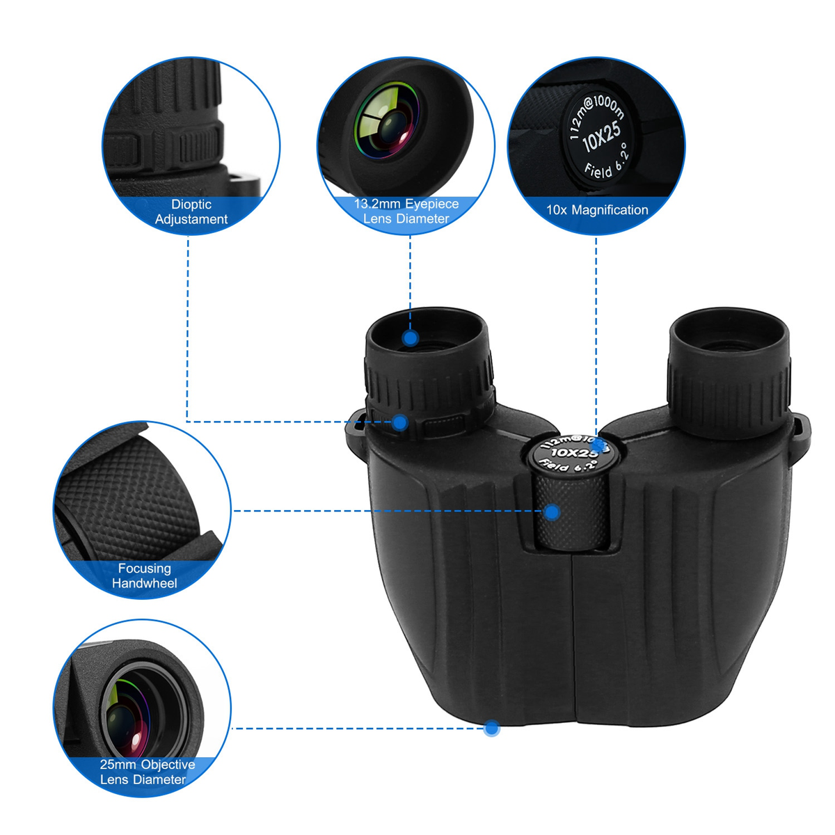 10x25 Zoom Binoculars with Neck Strap, Lightweight