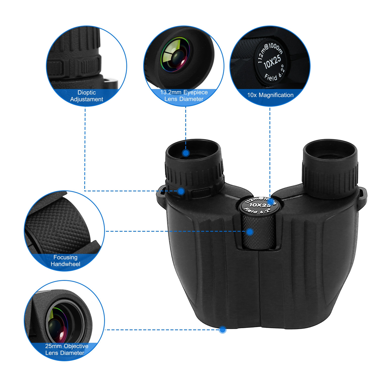 10x25 Zoom Binoculars with Neck Strap, Lightweight