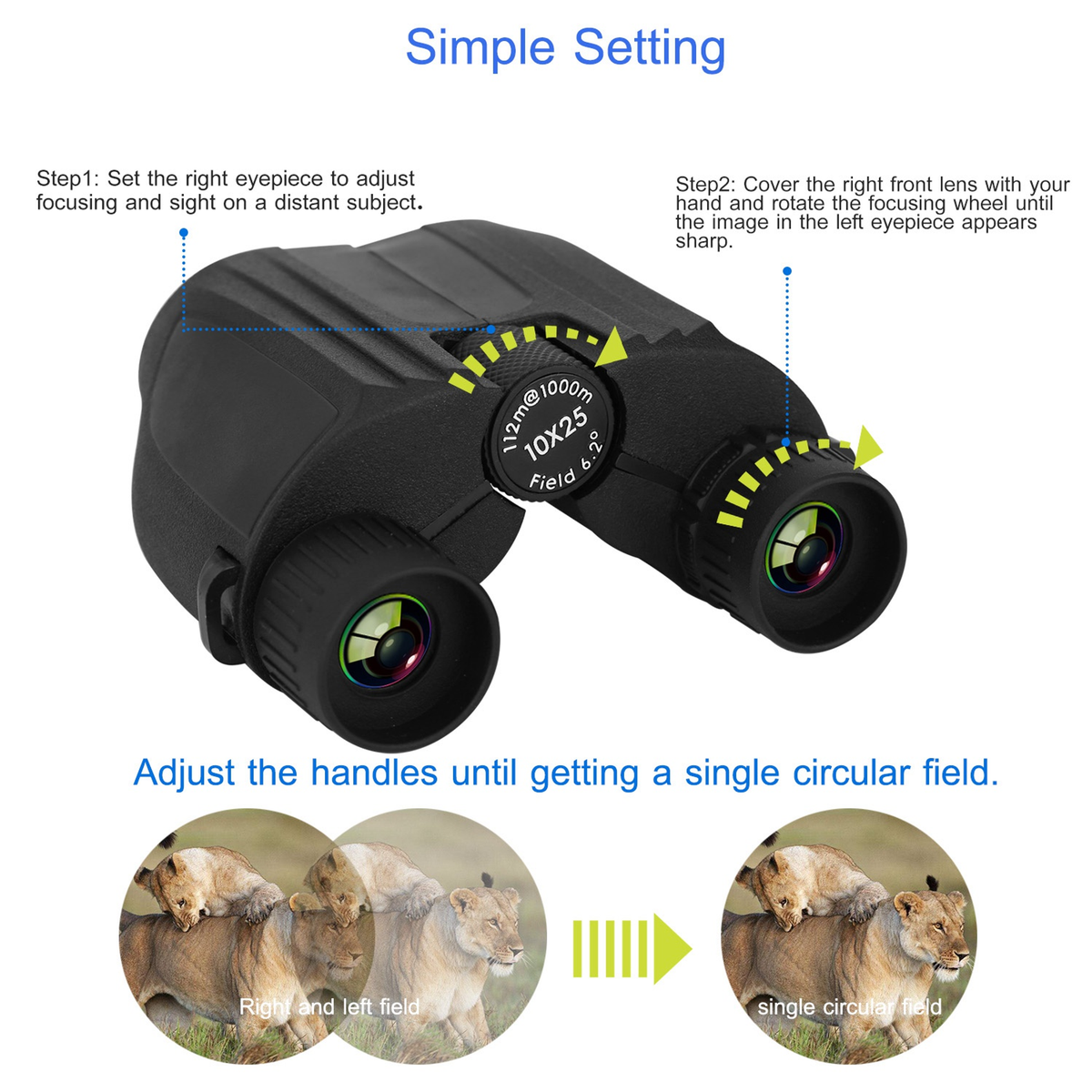 10x25 Zoom Binoculars with Neck Strap, Lightweight