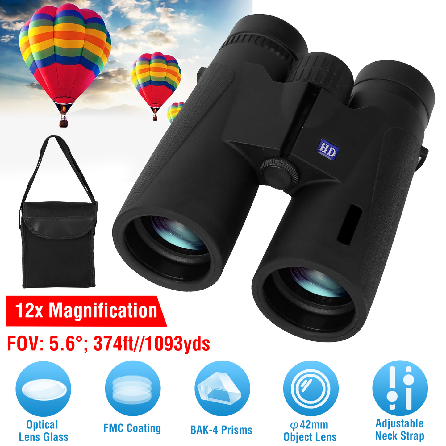 12x42 Binoculars with 374 ft Field of View