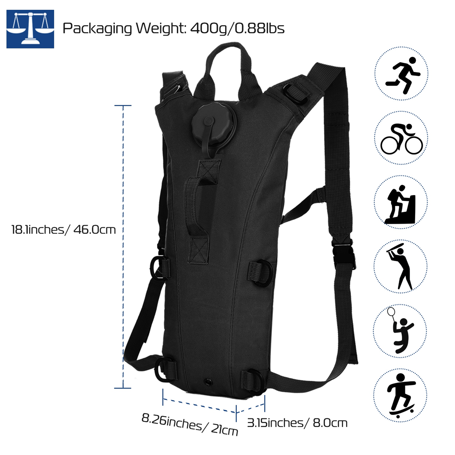 Tactical Hydration Pack with 3L Water Bladder, Black