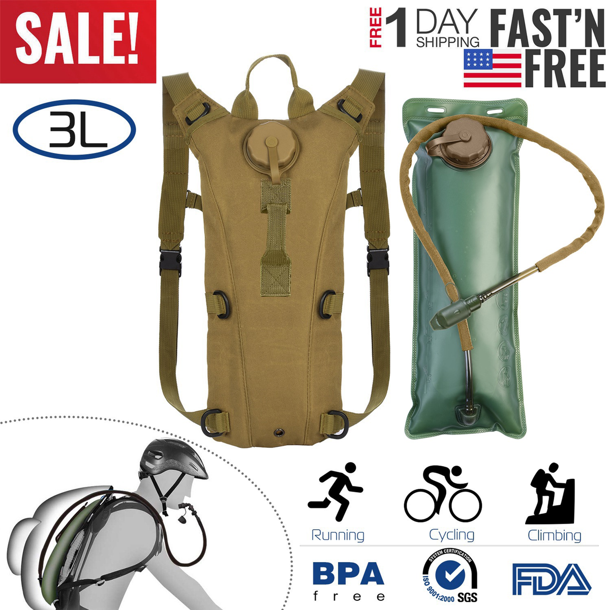 Tactical Hydration Pack 3L, Khaki