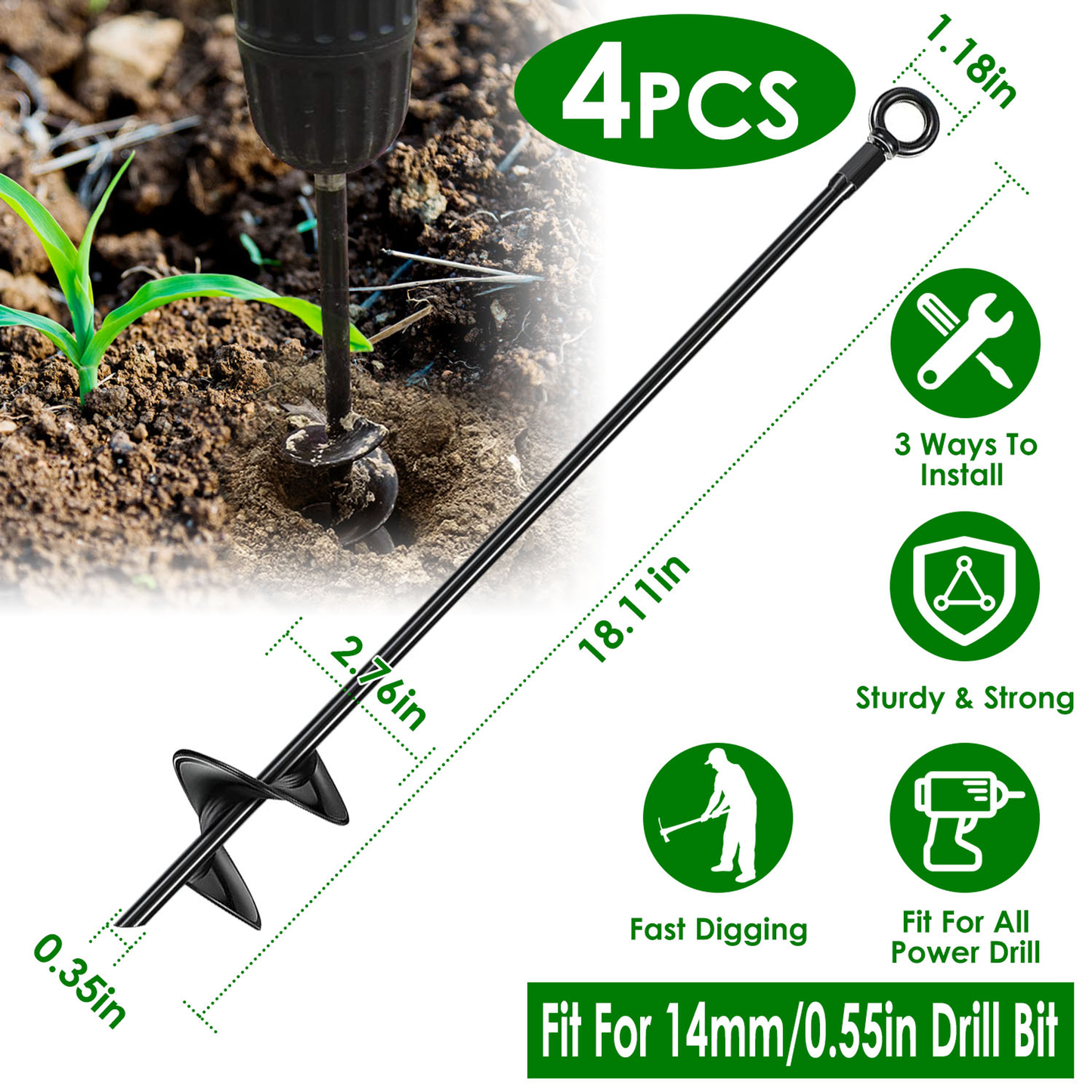 Heavy-Duty Ground Auger Stakes, 4-Pack