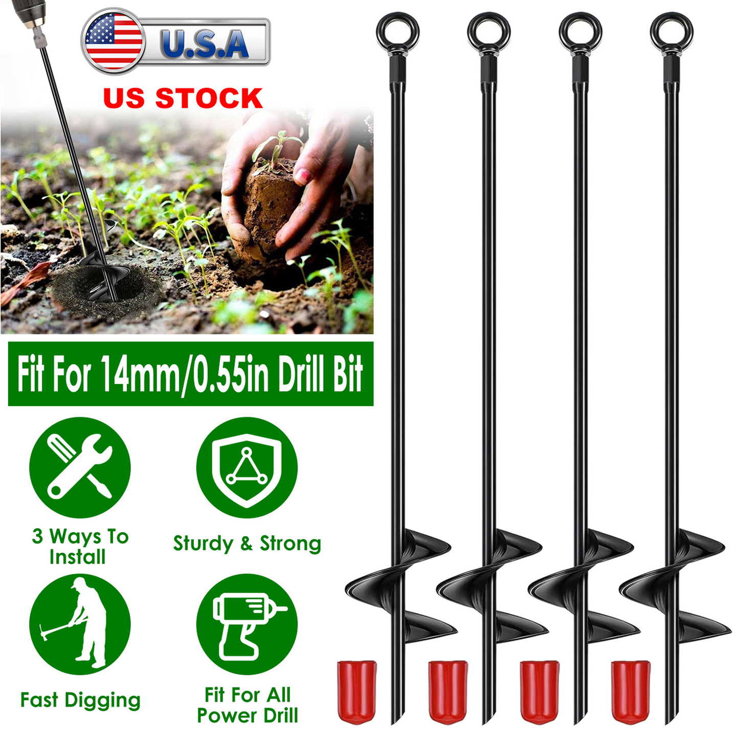Heavy-Duty Ground Auger Stakes, 4-Pack