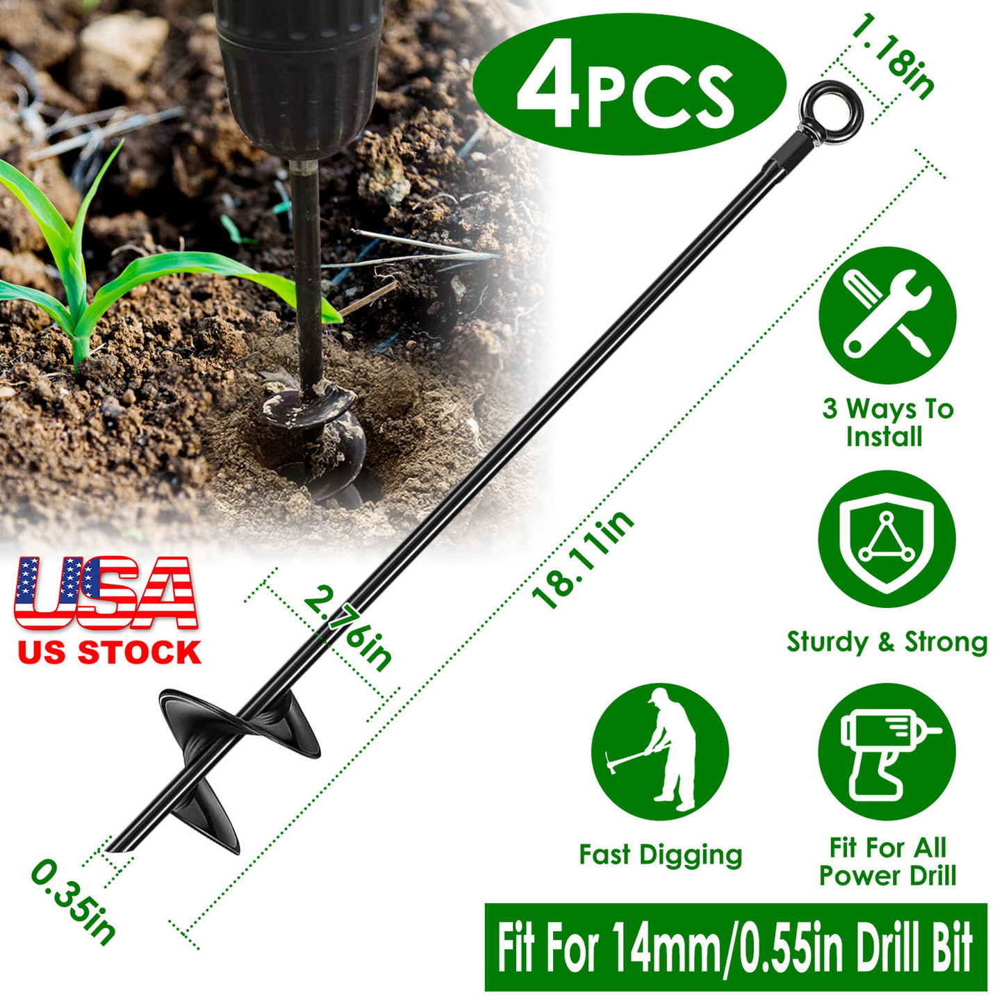 Heavy-Duty Ground Auger Stakes, 4-Pack