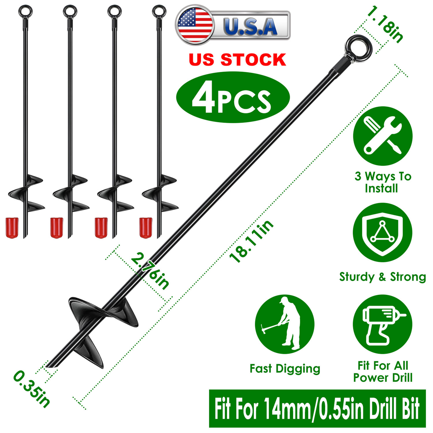 Heavy-Duty Ground Auger Stakes, 4-Pack