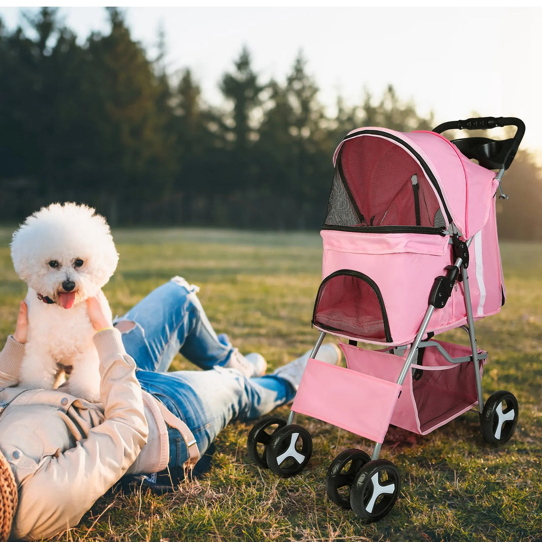 4 Wheels Pet Stroller Foldable Carrier Strolling Cart
