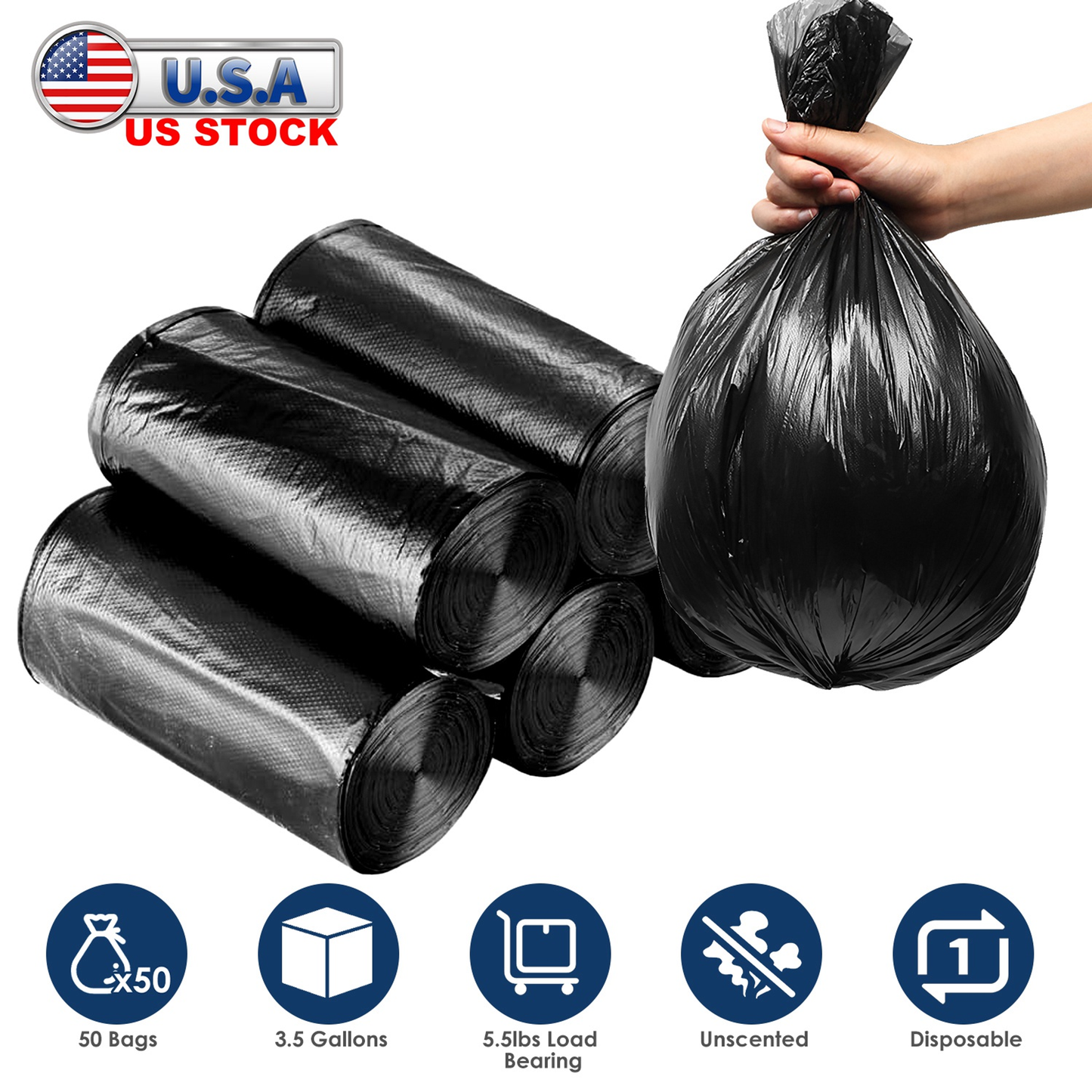 Black Garbage Bags - 5 Rolls, 50 Count