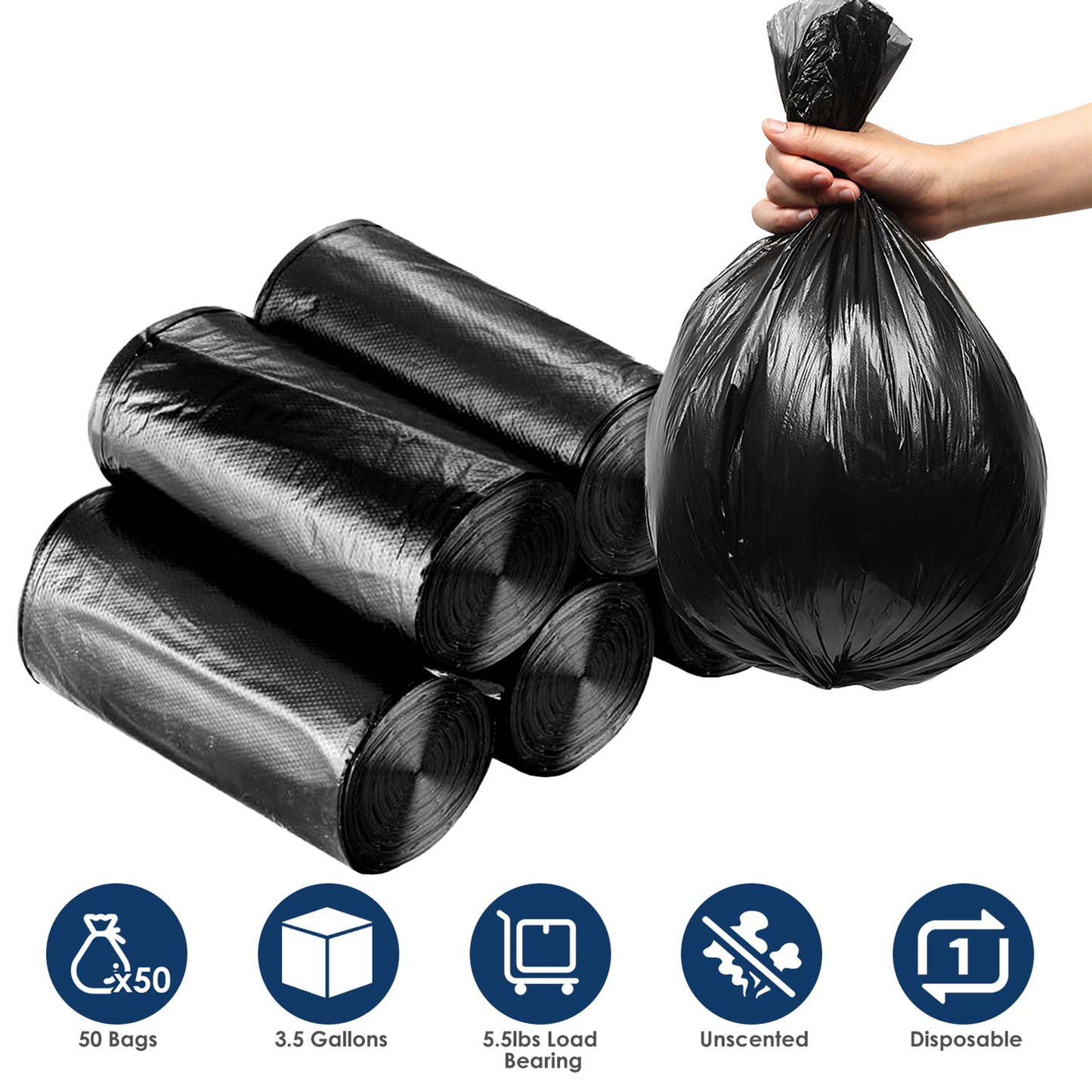 Black Garbage Bags - 5 Rolls, 50 Count