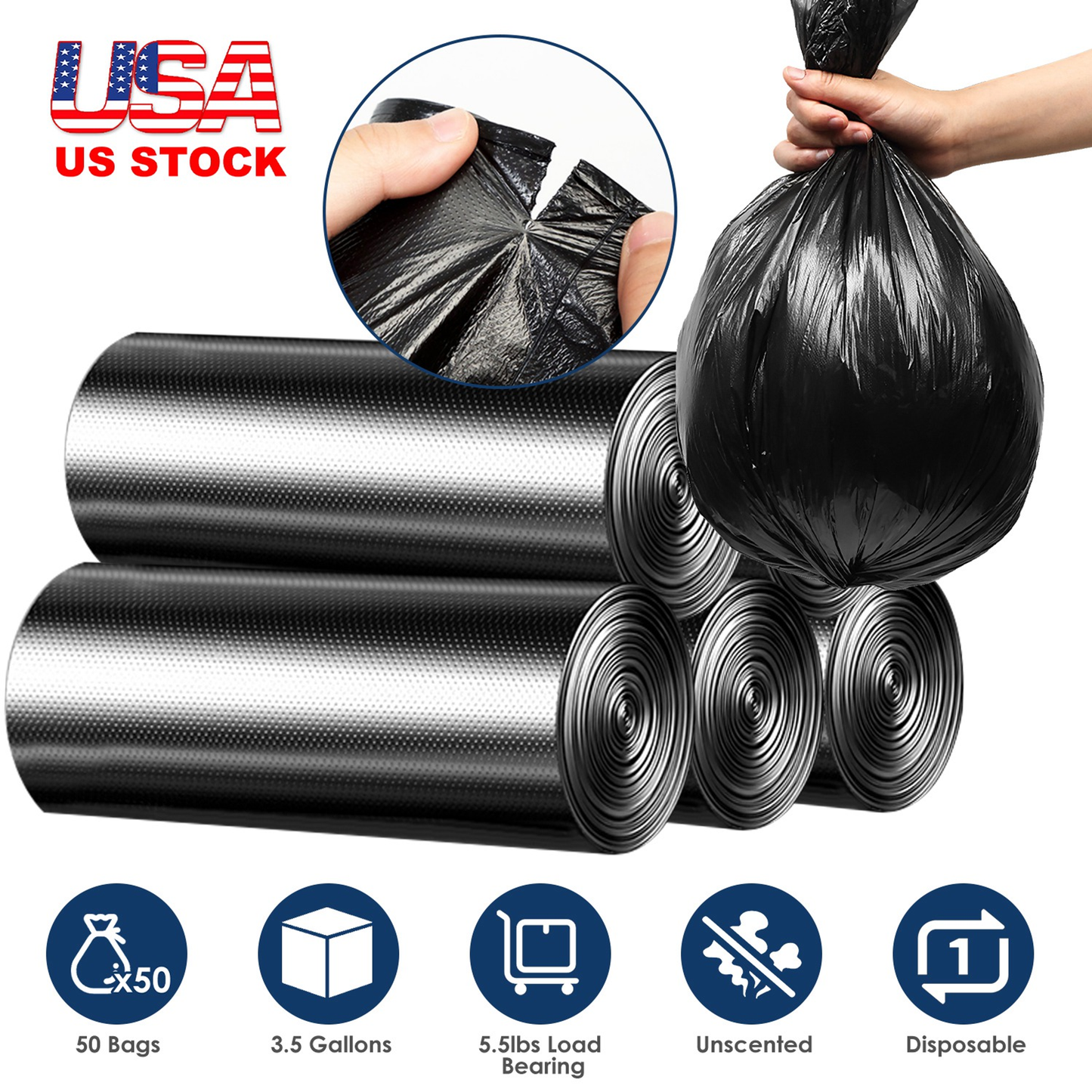 Black Garbage Bags - 5 Rolls, 50 Count