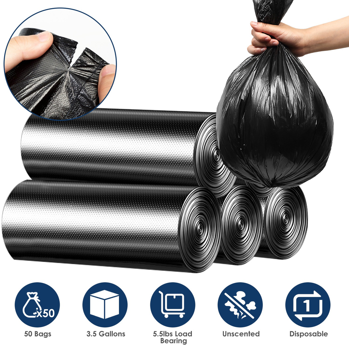 Black Garbage Bags - 5 Rolls, 50 Count