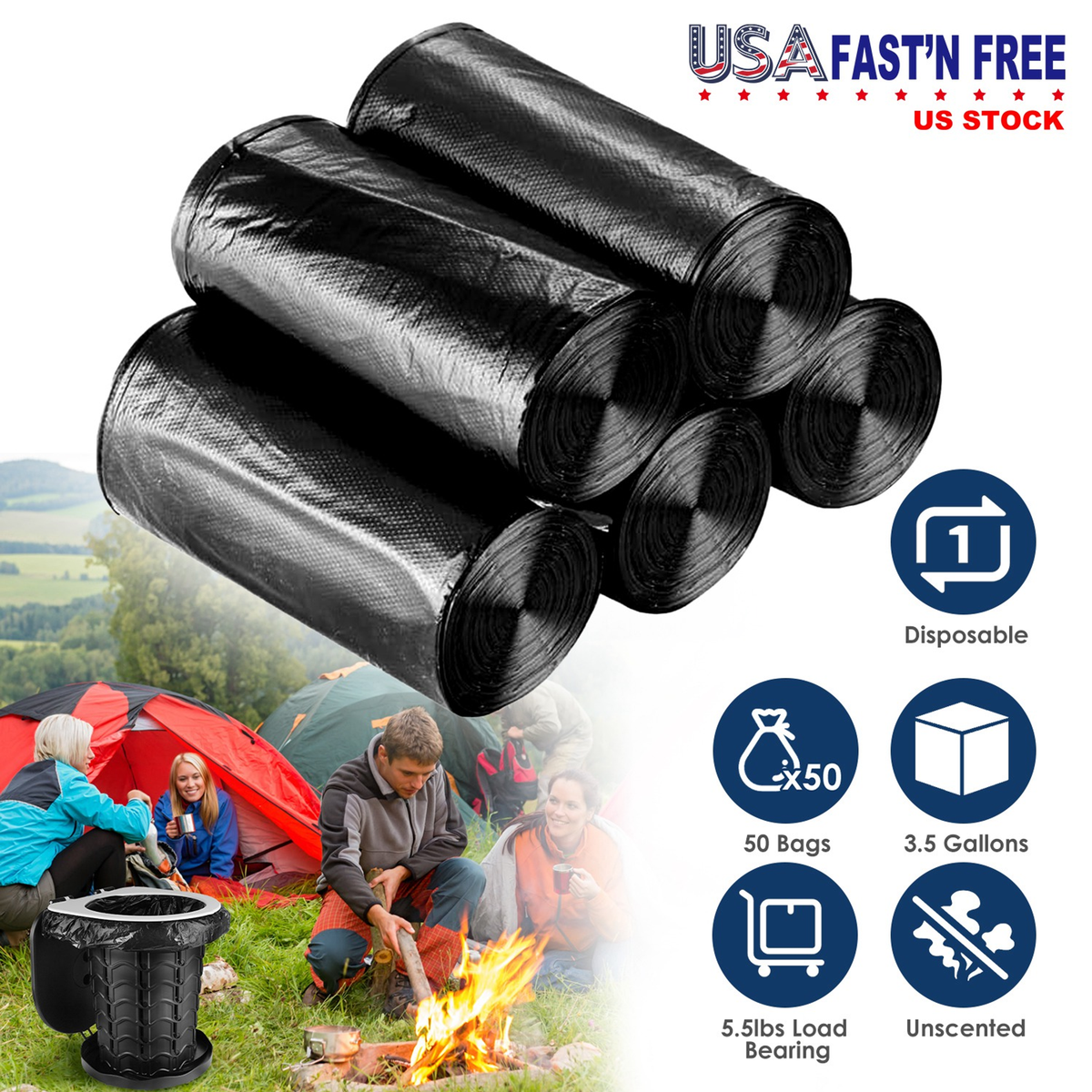 Black Garbage Bags - 5 Rolls, 50 Count