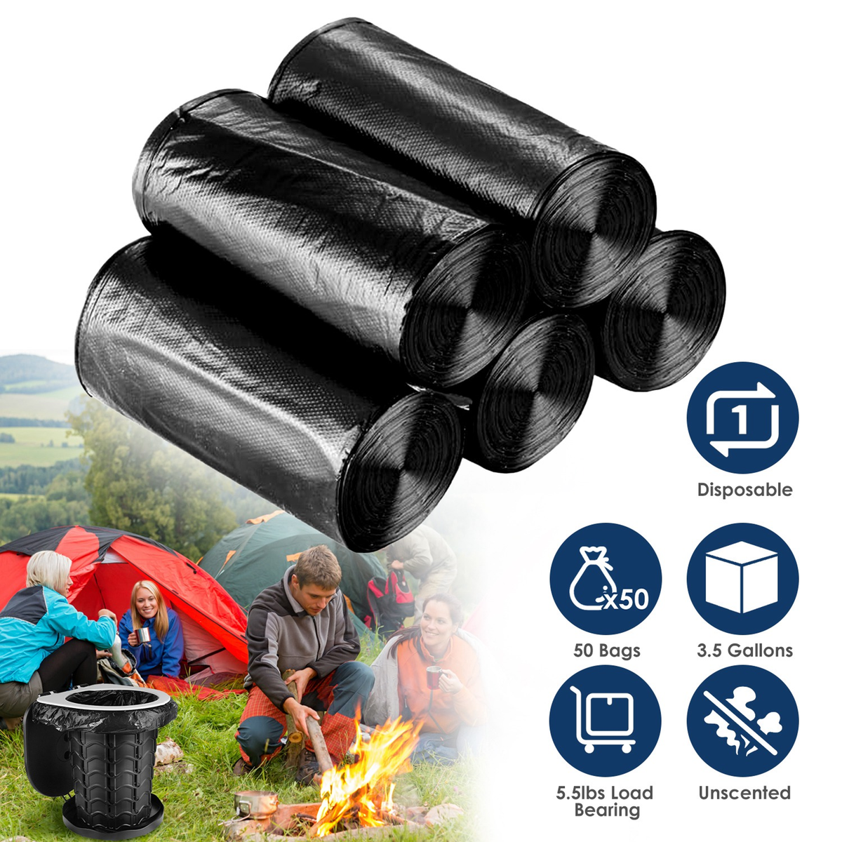 Black Garbage Bags - 5 Rolls, 50 Count