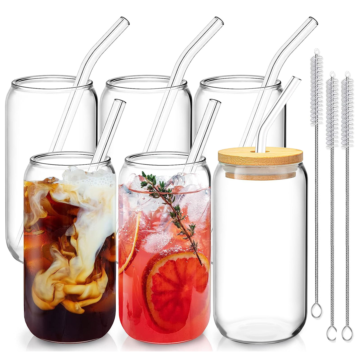 Mason Jar Glass Cups with Lids and Straws, Set of 6