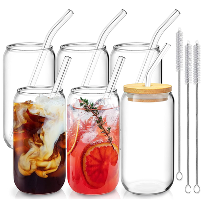 Mason Jar Glass Cups with Lids and Straws, Set of 6