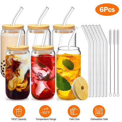 Mason Jar Glass Cups with Lids and Straws, Set of 6