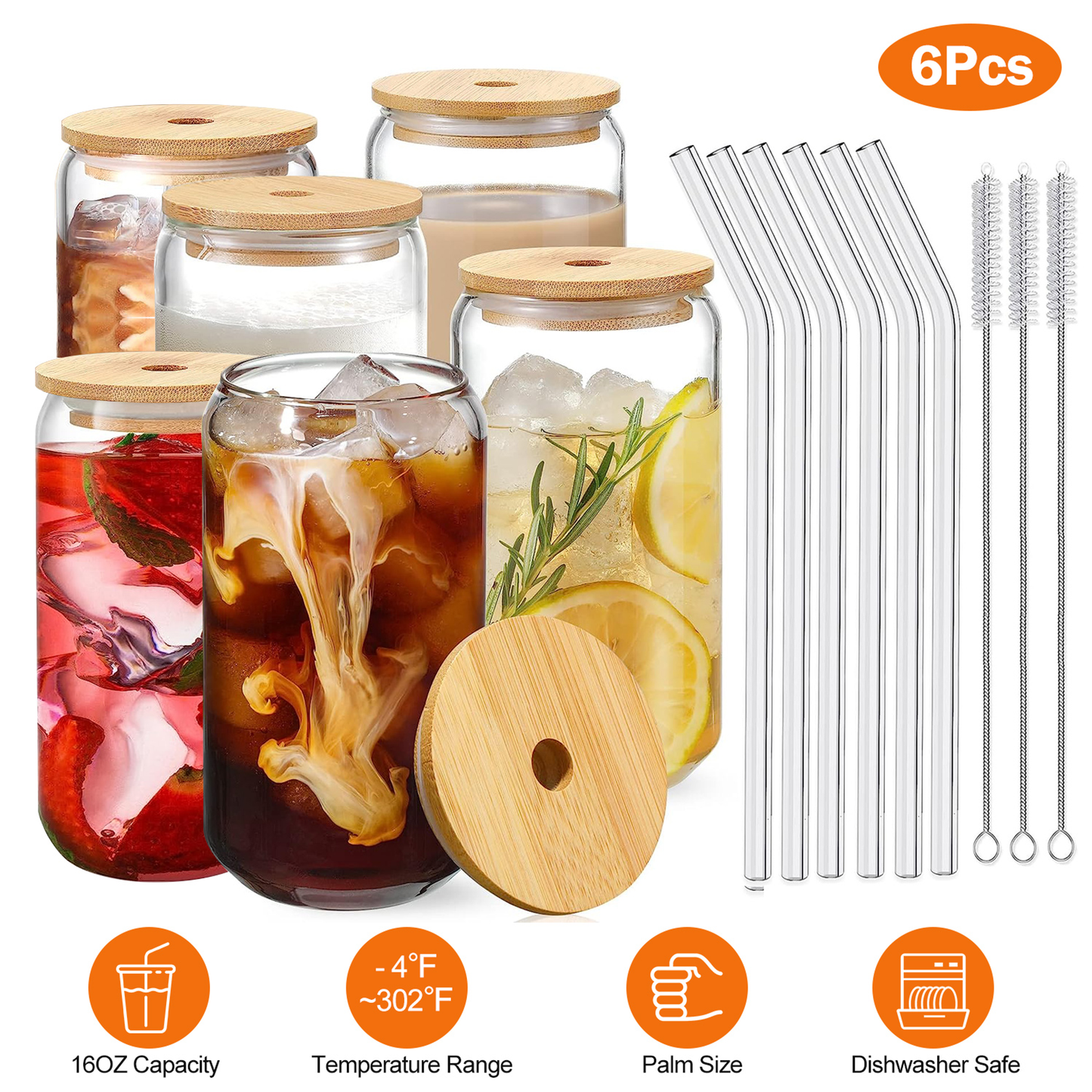 Mason Jar Glass Cups with Lids and Straws, Set of 6