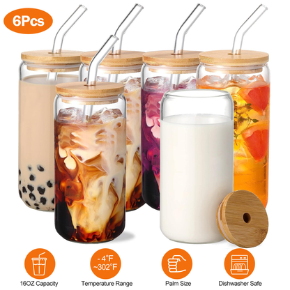 Mason Jar Glass Cups with Lids and Straws, Set of 6