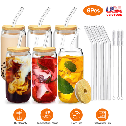 Mason Jar Glass Cups with Lids and Straws, Set of 6