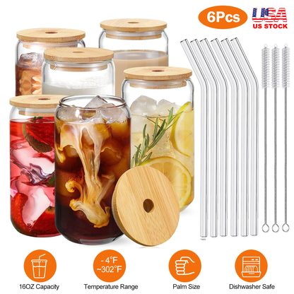 Mason Jar Glass Cups with Lids and Straws, Set of 6
