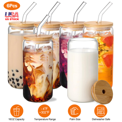 Mason Jar Glass Cups with Lids and Straws, Set of 6