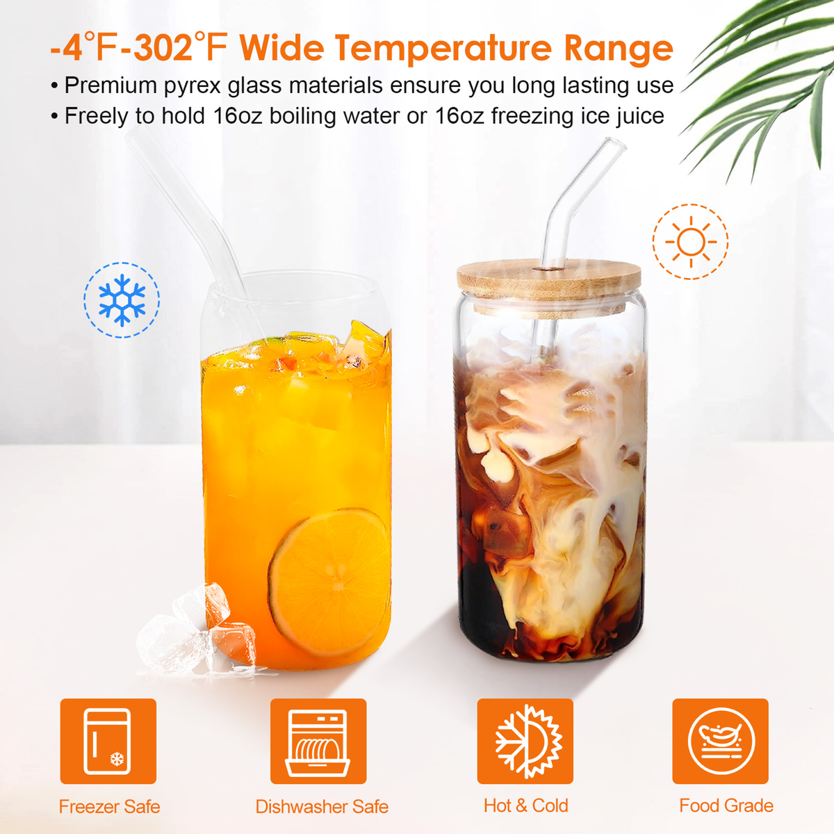 Mason Jar Glass Cups with Lids and Straws, Set of 6