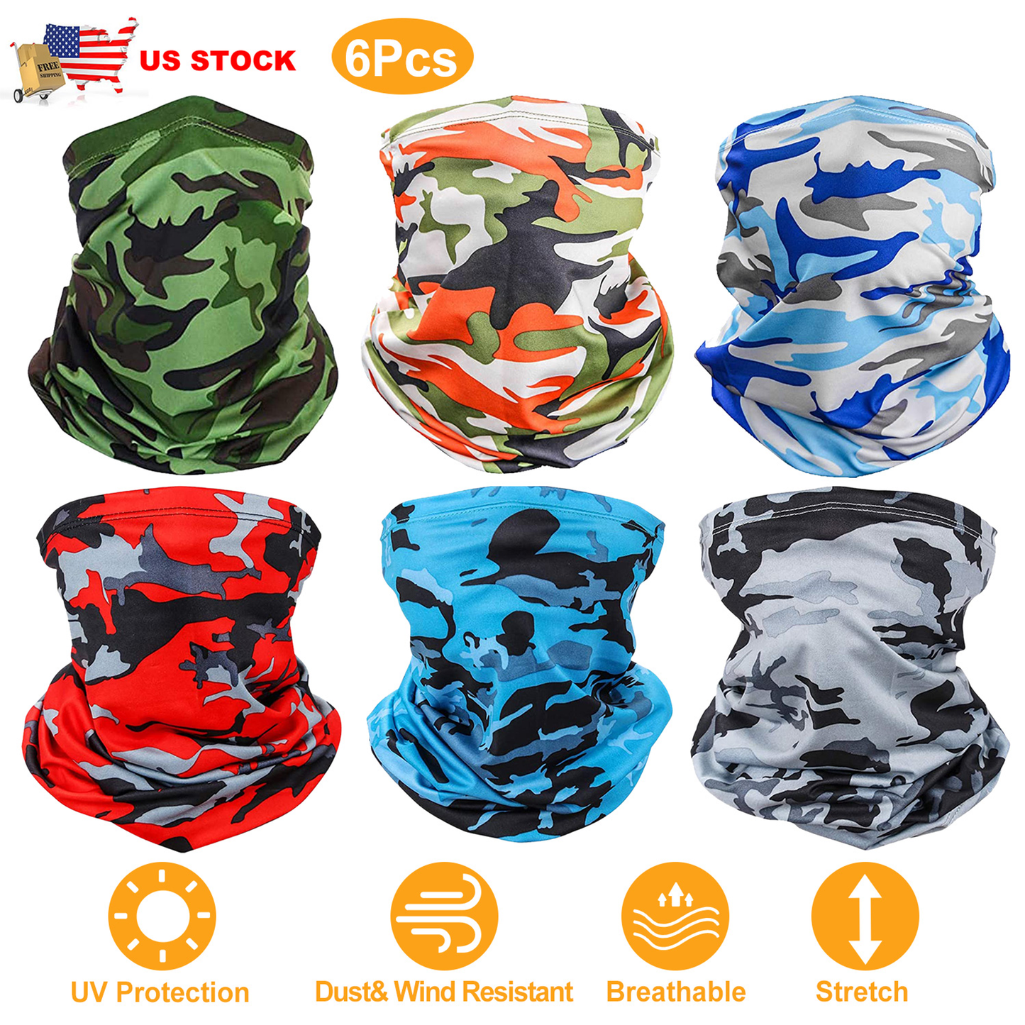 Neck Gaiter UV Face Mask, 6-Pack