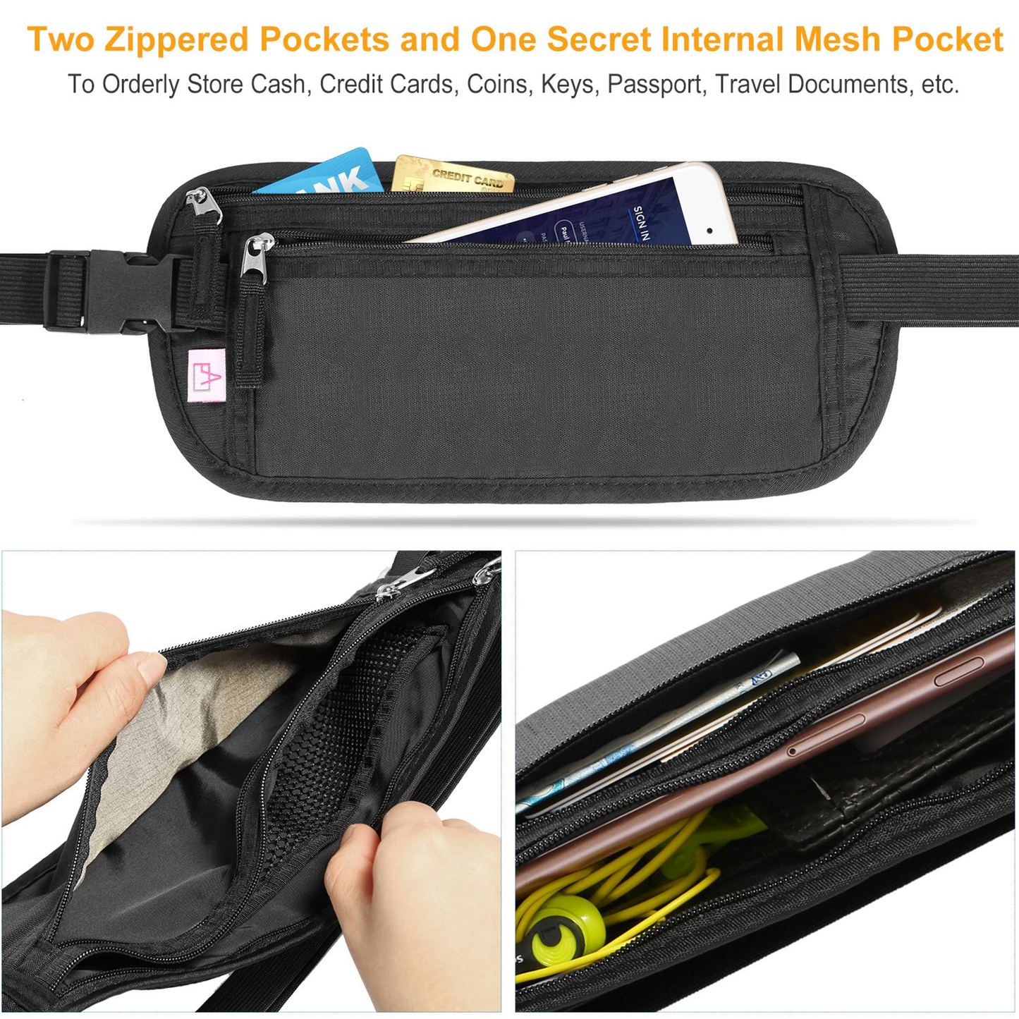 RFID-Blocking Travel Money Belt Waist Bag